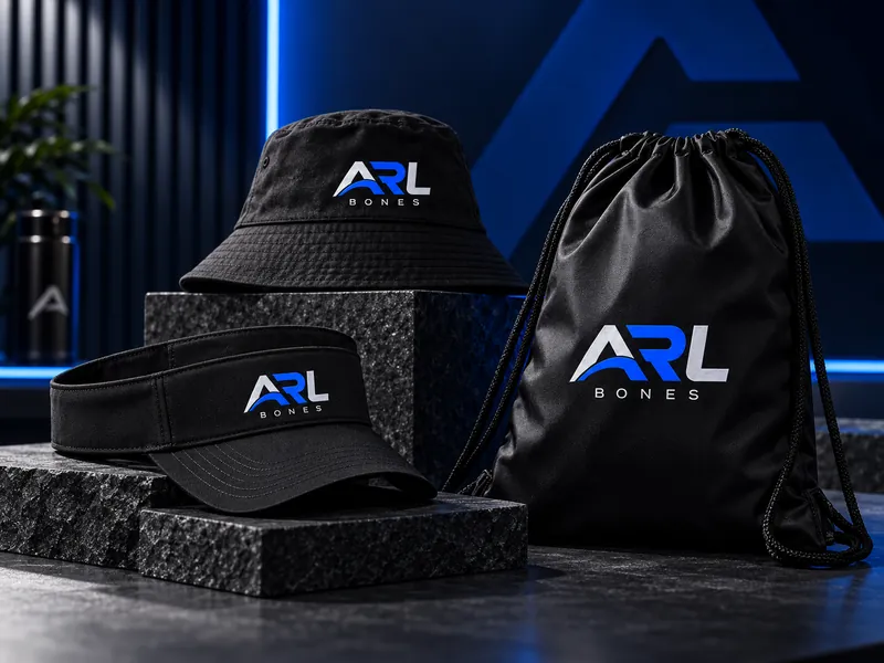 Bucket, viseira e sacochila pretos com a logo ARL