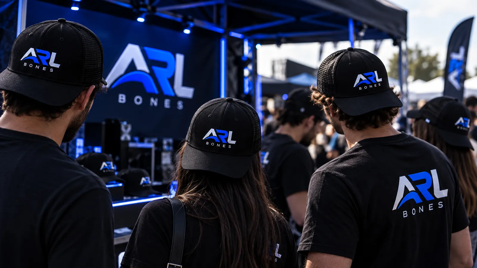 Equipe em evento usando bonés e camisetas com a marca ARL