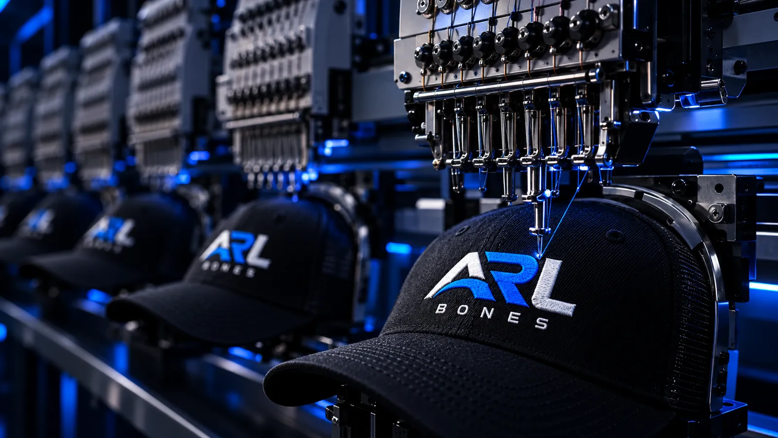 Máquina de bordar industrial bordando a logo ARL em bonés pretos