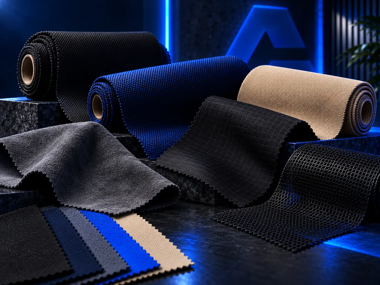 Rolos e amostras de tecidos para bonés em preto, azul, cinza e bege